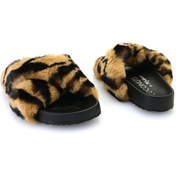 Size 8 Tan Zebra Print Vegan Slide Thick Faux Fur Lining Christmas Gift for Her - Picture 4 of 6
